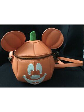 Loungefly Disney Mickey Pumpkin Halloween Crossbody Bag Faux Leather Orange